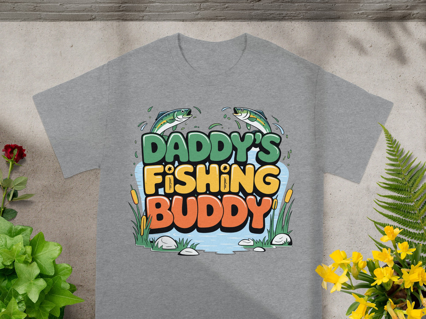 Grey t-shirt with "Daddy's Fishing Buddy" text and cartoon fish.