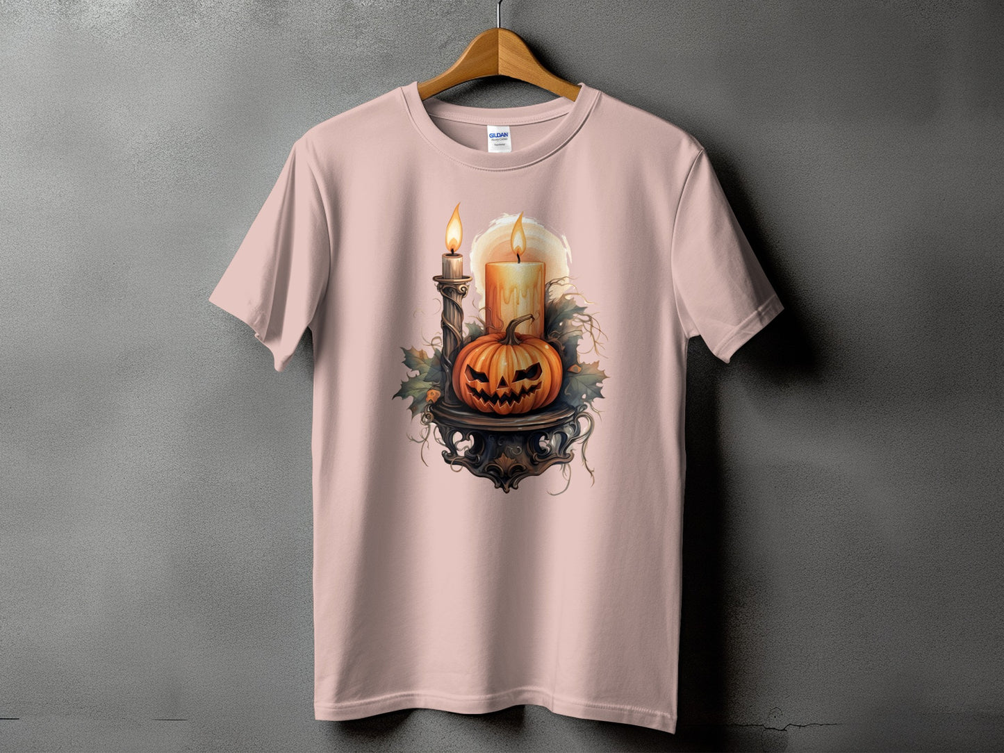 Halloween t-shirt with jack-o'-lantern, candles, and gothic elements.