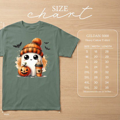 Ghost with pumpkin and coffee, GILDAN 5000 Heavy Cotton T-shirt size chart.