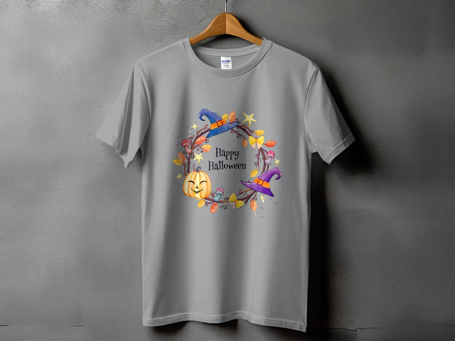 Grey t-shirt with "Happy Halloween" text and a pumpkin, witch hats, and leaves design.