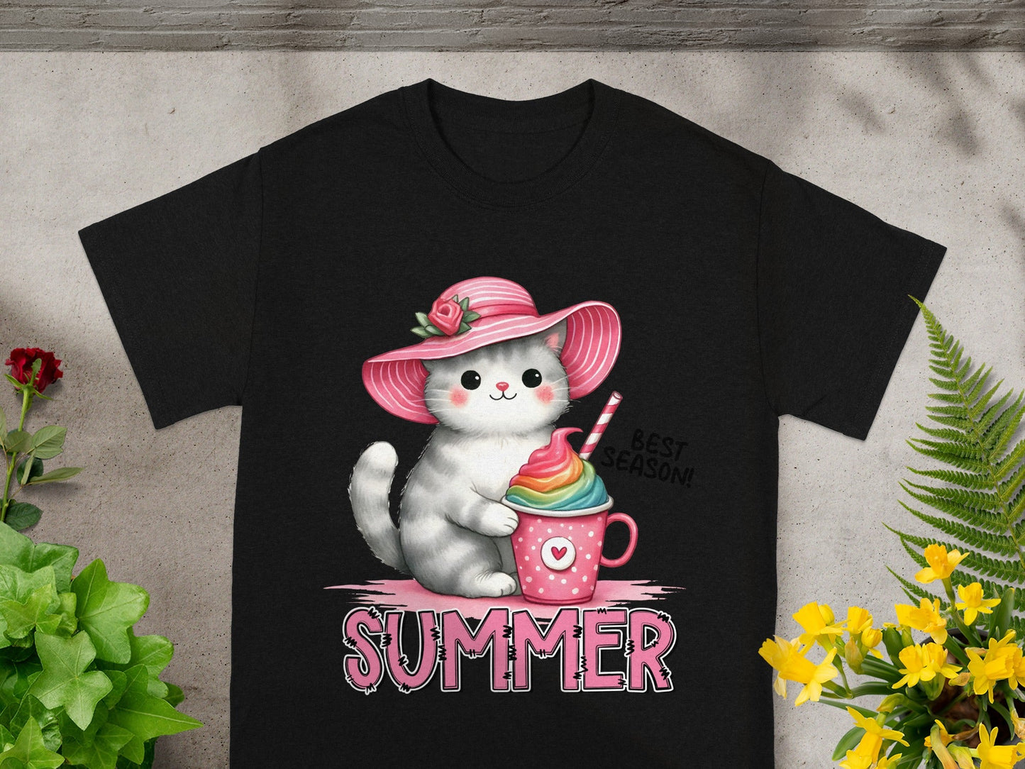 Cute Cat in Hat with Rainbow Drink Summer Shirt