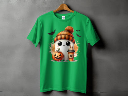 Green t-shirt with ghost, pumpkin, coffee, and bats Halloween graphic.