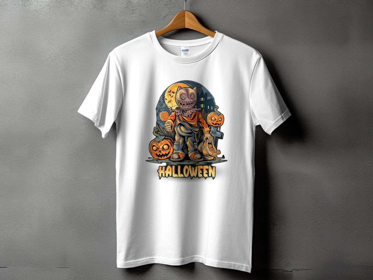 Scarecrow character with pumpkins and "Halloween" text on white t-shirt.