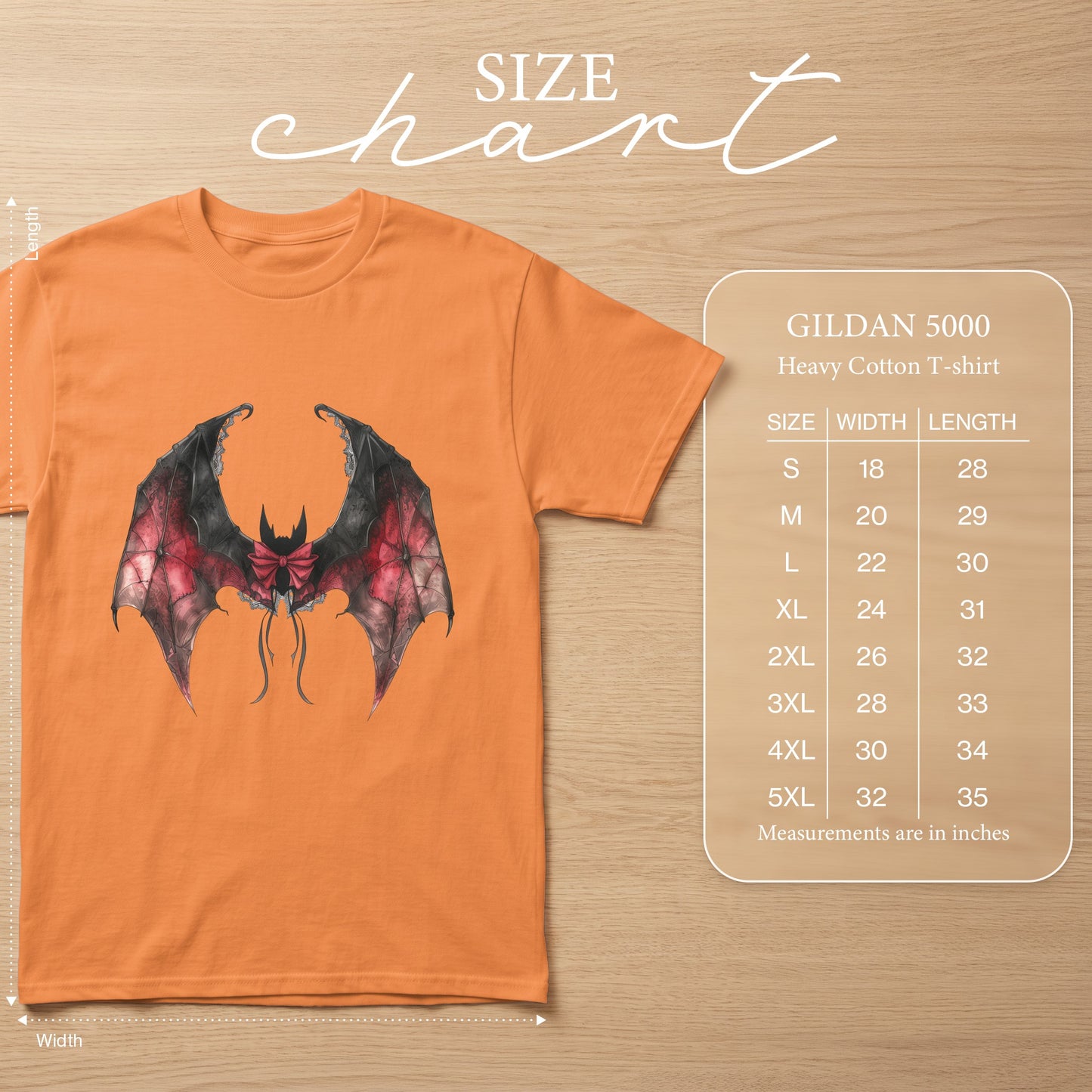 Orange t-shirt with bat graphic and Gildan 5000 heavy cotton size chart.