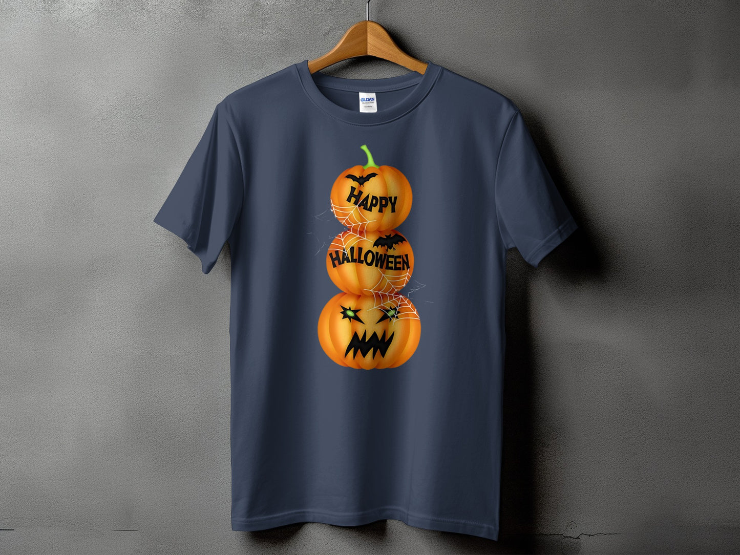 Dark blue t-shirt with stacked jack-o'-lanterns saying "HAPPY HALLOWEEN"