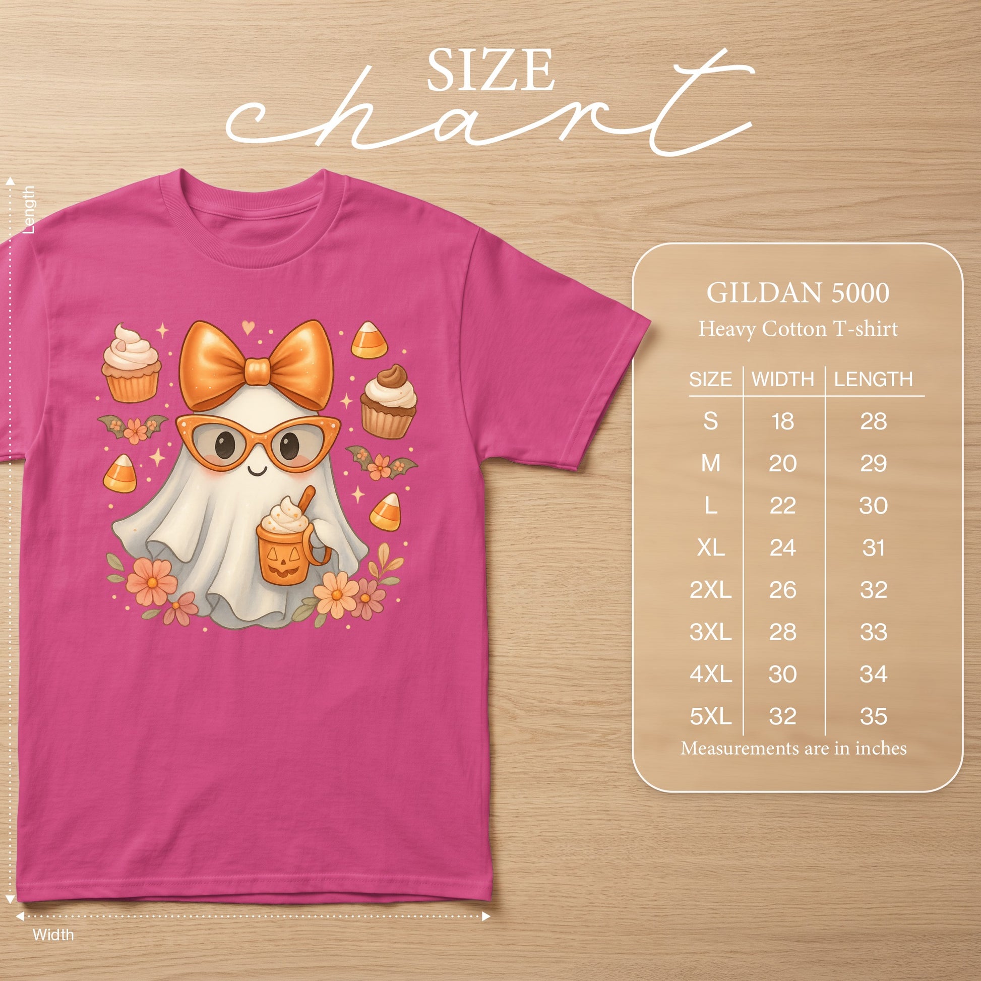 Pink t-shirt with cute ghost graphic and Gildan 5000 size chart.