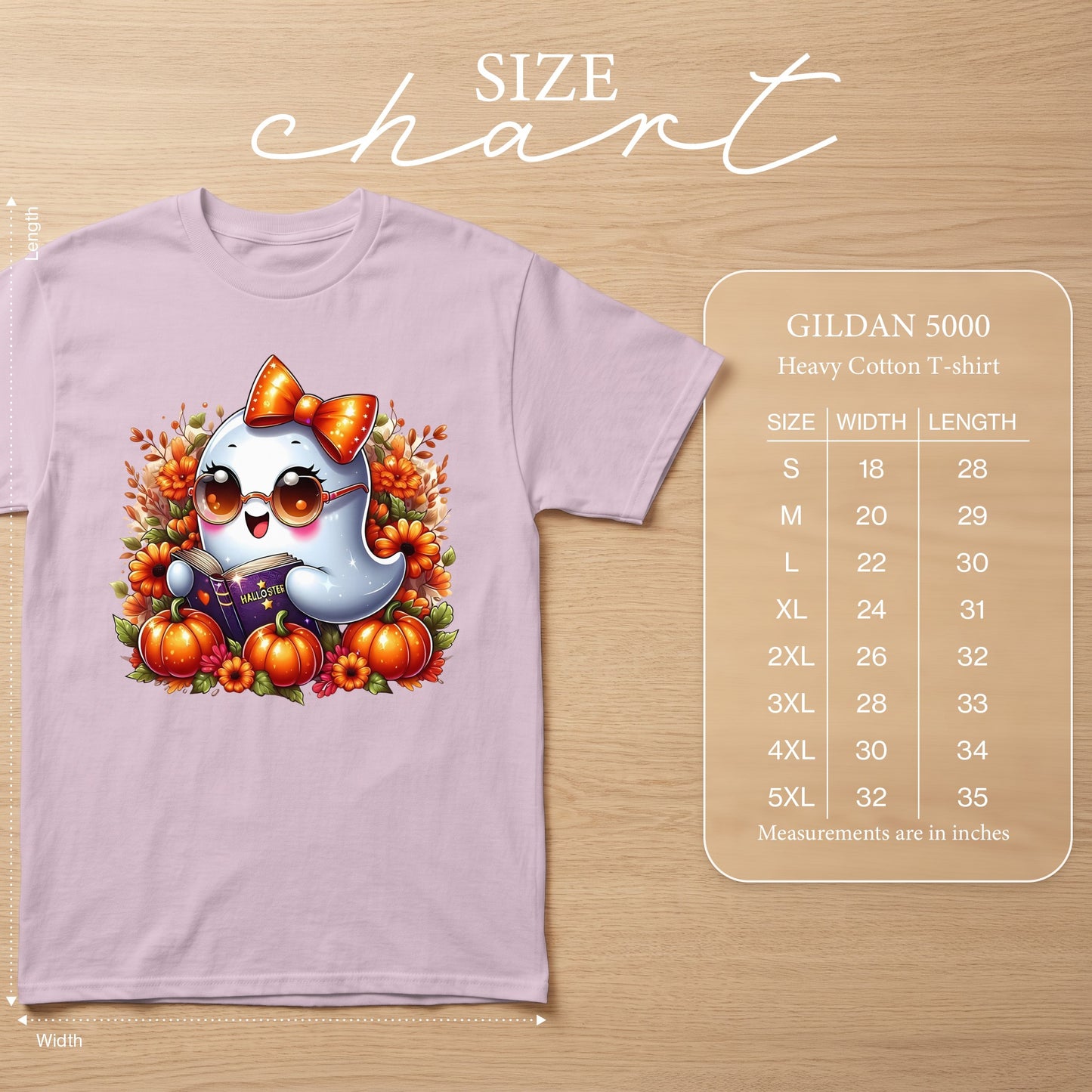 Light pink t-shirt with ghost reading book, pumpkins, and flowers, Gildan 5000 size chart.