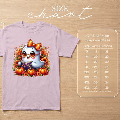 Light pink t-shirt with ghost reading book, pumpkins, and flowers, Gildan 5000 size chart.