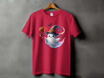 Red t-shirt with a cute ghost character in a witch hat holding a pumpkin wand.