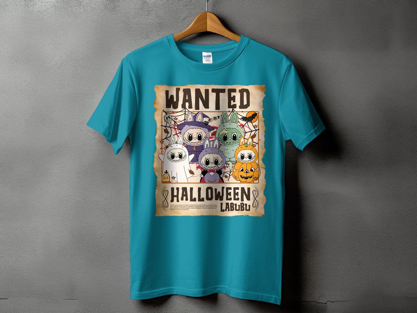 T-shirt with "Wanted" poster graphic featuring cute Halloween characters and "Halloween Labubu" text.