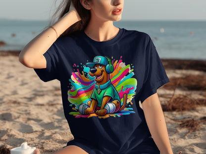 Hip Dog with Headphones Colorful Graphic T-Shirt