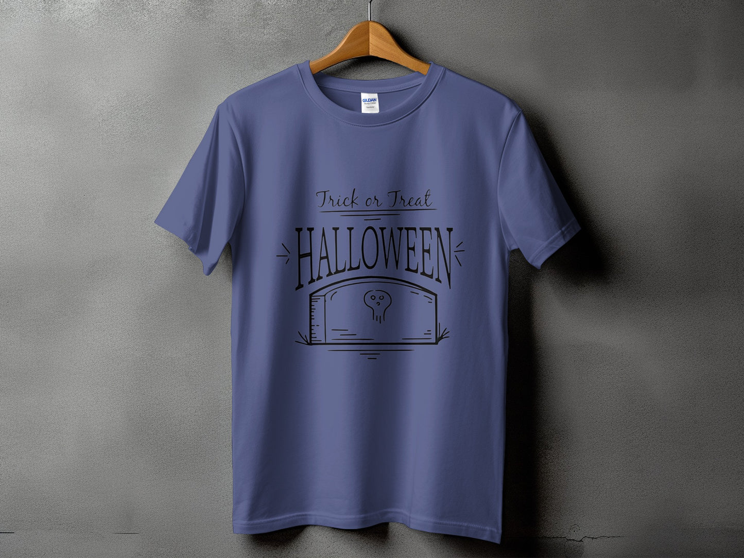 Purple t-shirt with black "Trick or Treat Halloween" text and a tombstone graphic.