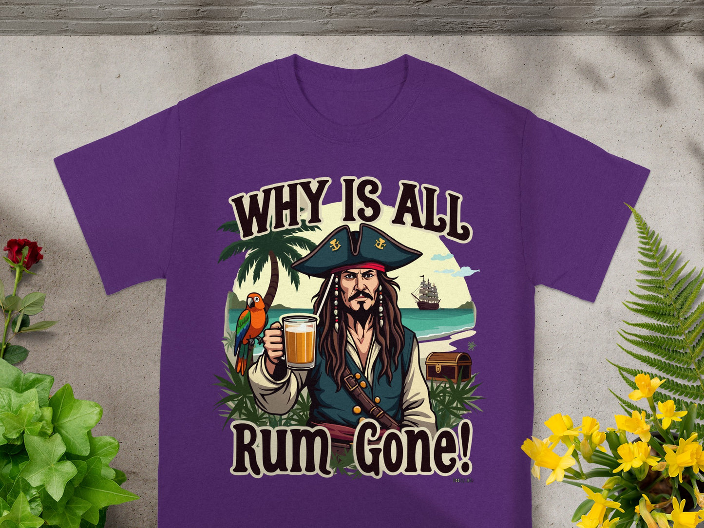 Purple t-shirt with pirate saying "Why is all rum gone!" and pirate graphic.