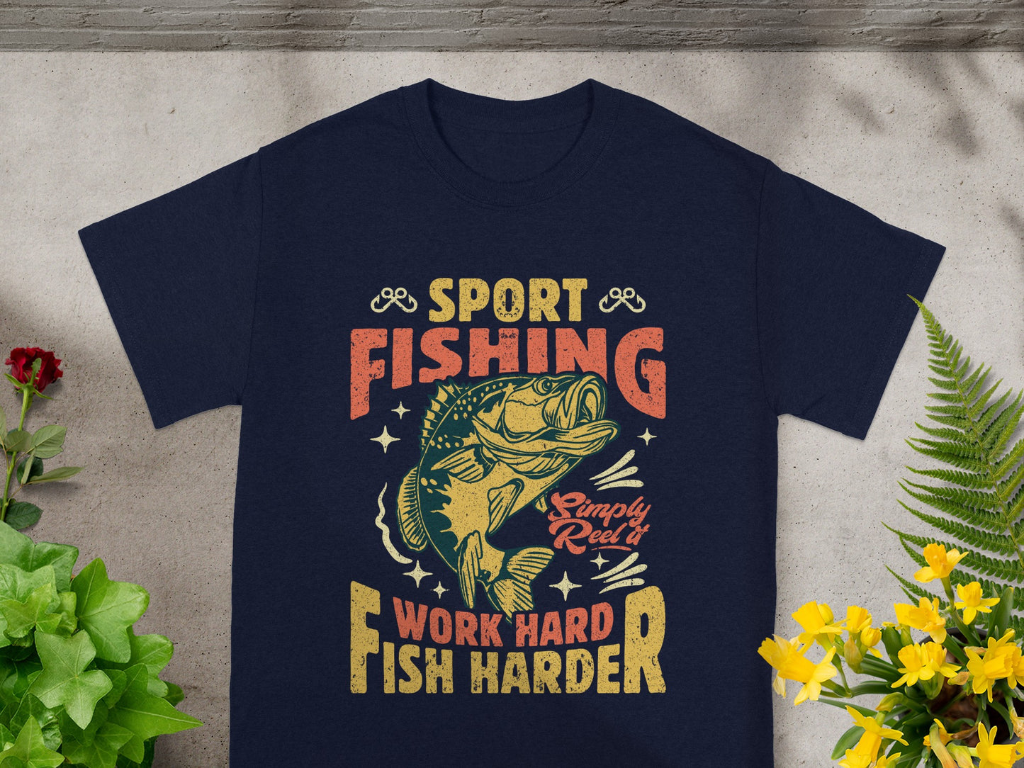 Navy t-shirt with "Sport Fishing" and "Work Hard Fish Harder" text and a bass.