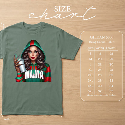 Green t-shirt with "MAMA" graphic and a size chart.