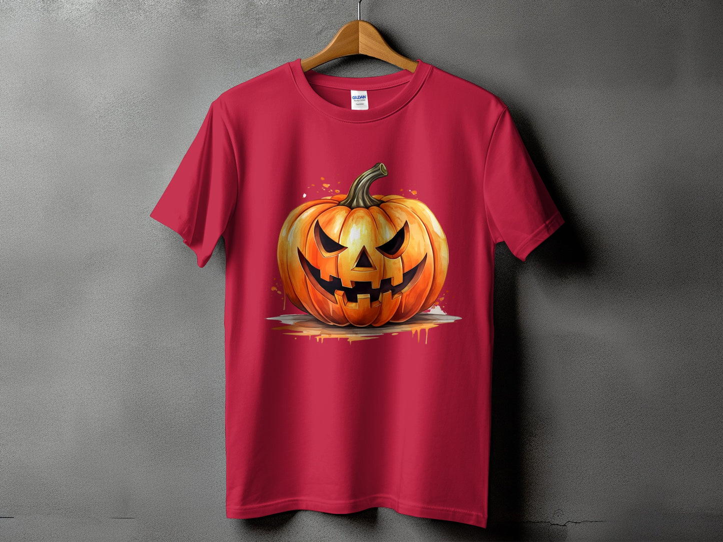 Crimson t-shirt featuring a graphic of an orange Halloween jack-o'-lantern with a distressed look.