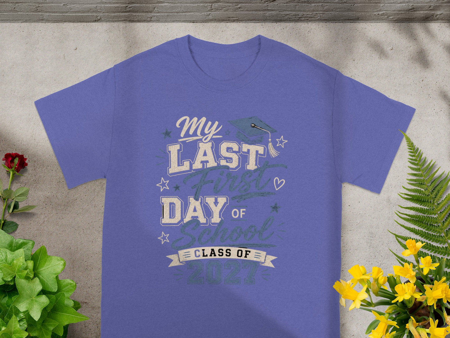 Purple t-shirt with "My Last First Day of School Class of 2027" graphic