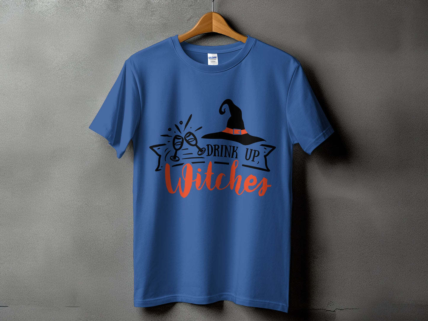 Blue t-shirt with "Drink Up, Witches" text and Halloween graphics.