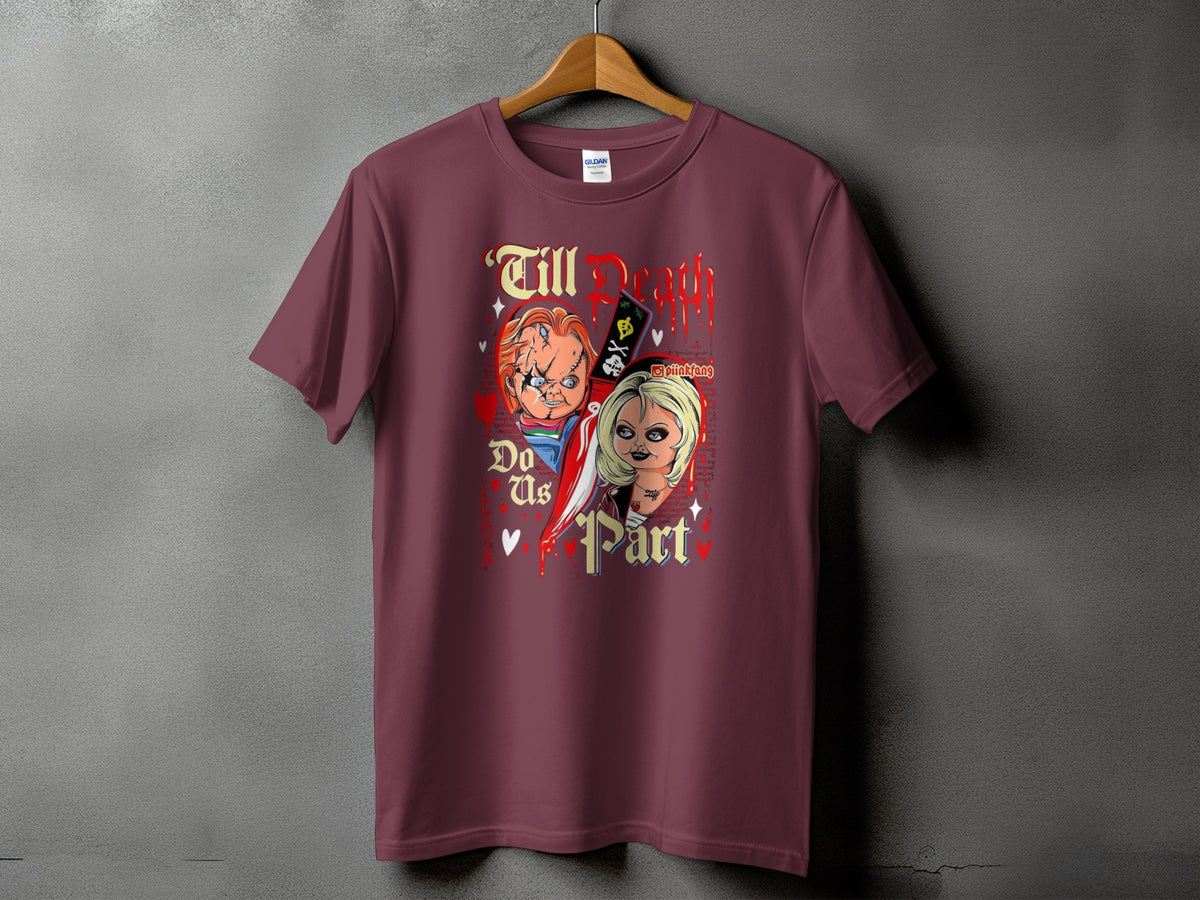 Chucky and Tiffany t-shirt with text "Till Death Do Us Part" and brand name.