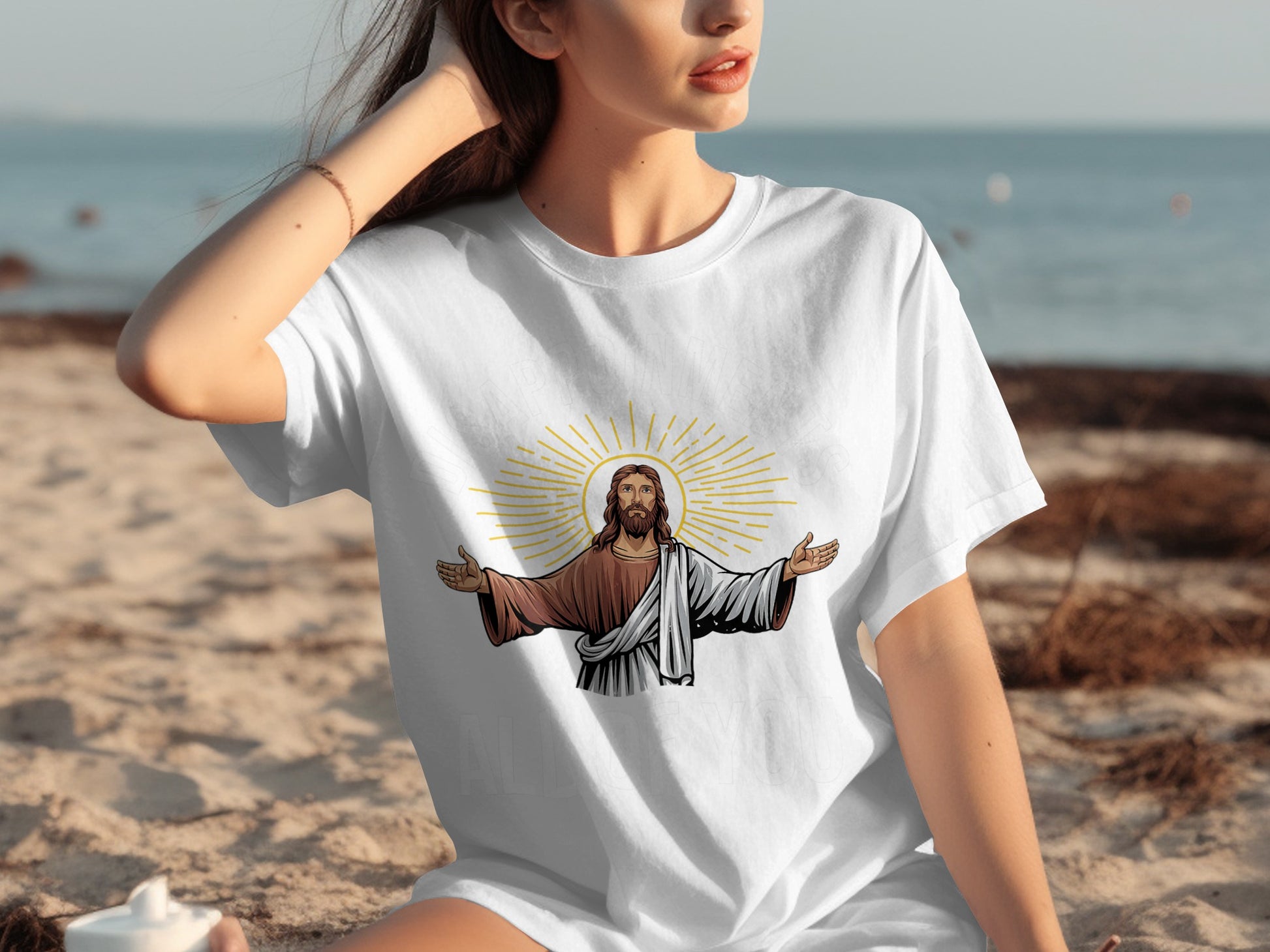 Radiant Jesus Embrace Design on Beach Wear Shirt