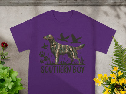 Purple t-shirt with camouflage dog, ducks, paw prints, and text "SOUTHERN BOY".