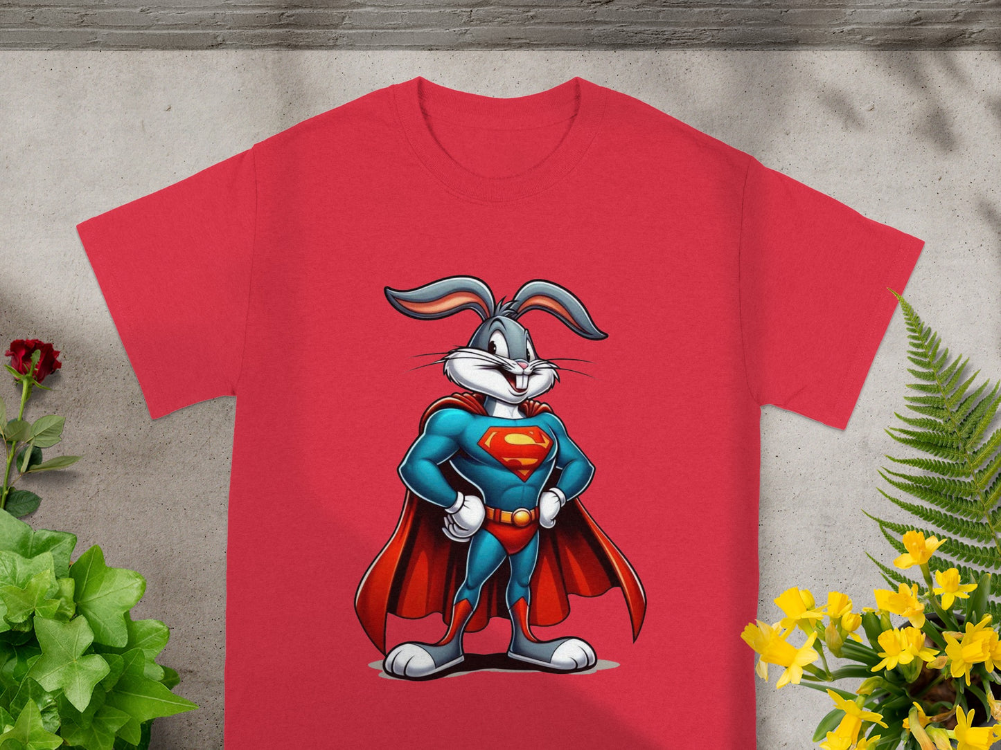 Red t-shirt with Bugs Bunny dressed as Superman graphic.