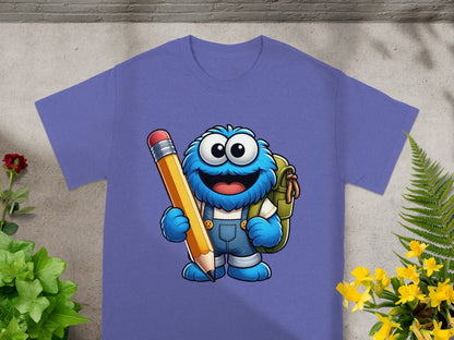 Blue monster with backpack and pencil on purple t-shirt.