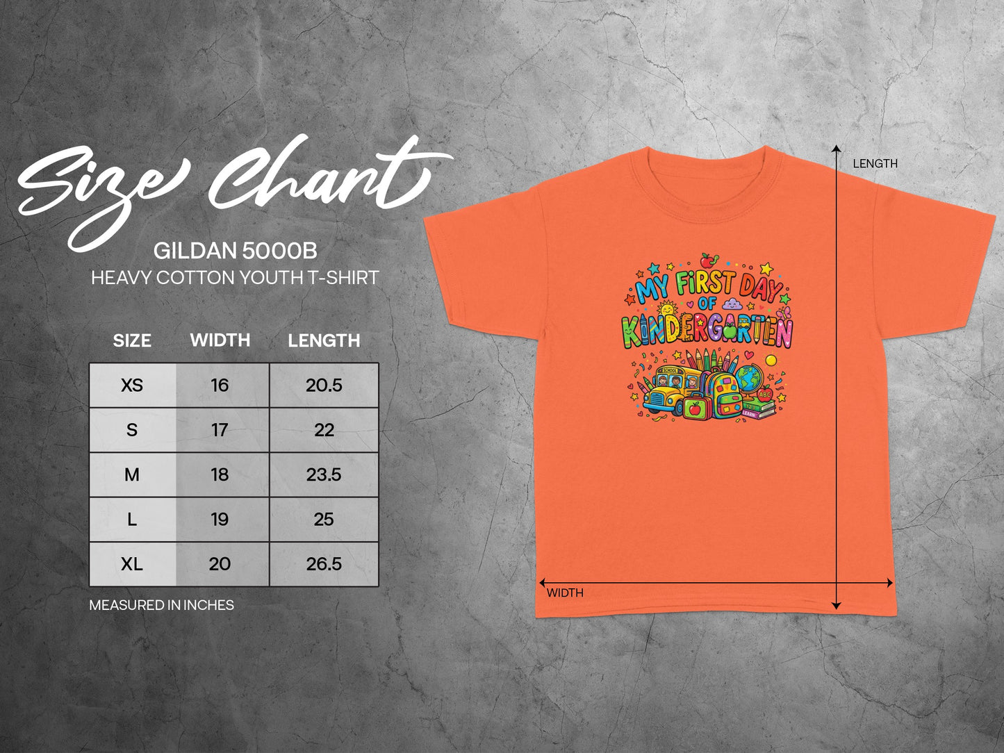 Gildan 5000B youth t-shirt size chart with "My First Day of Kindergarten" graphic.