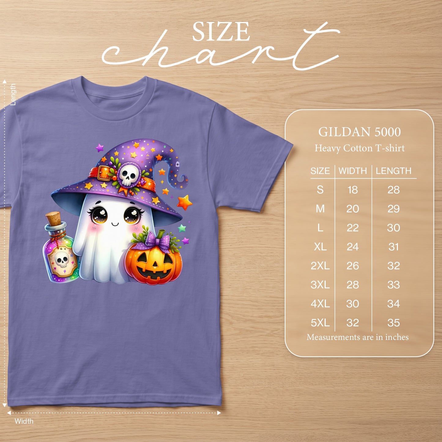 Lavender t-shirt with a cute ghost in a witch hat, potion, and pumpkin, with a size chart.