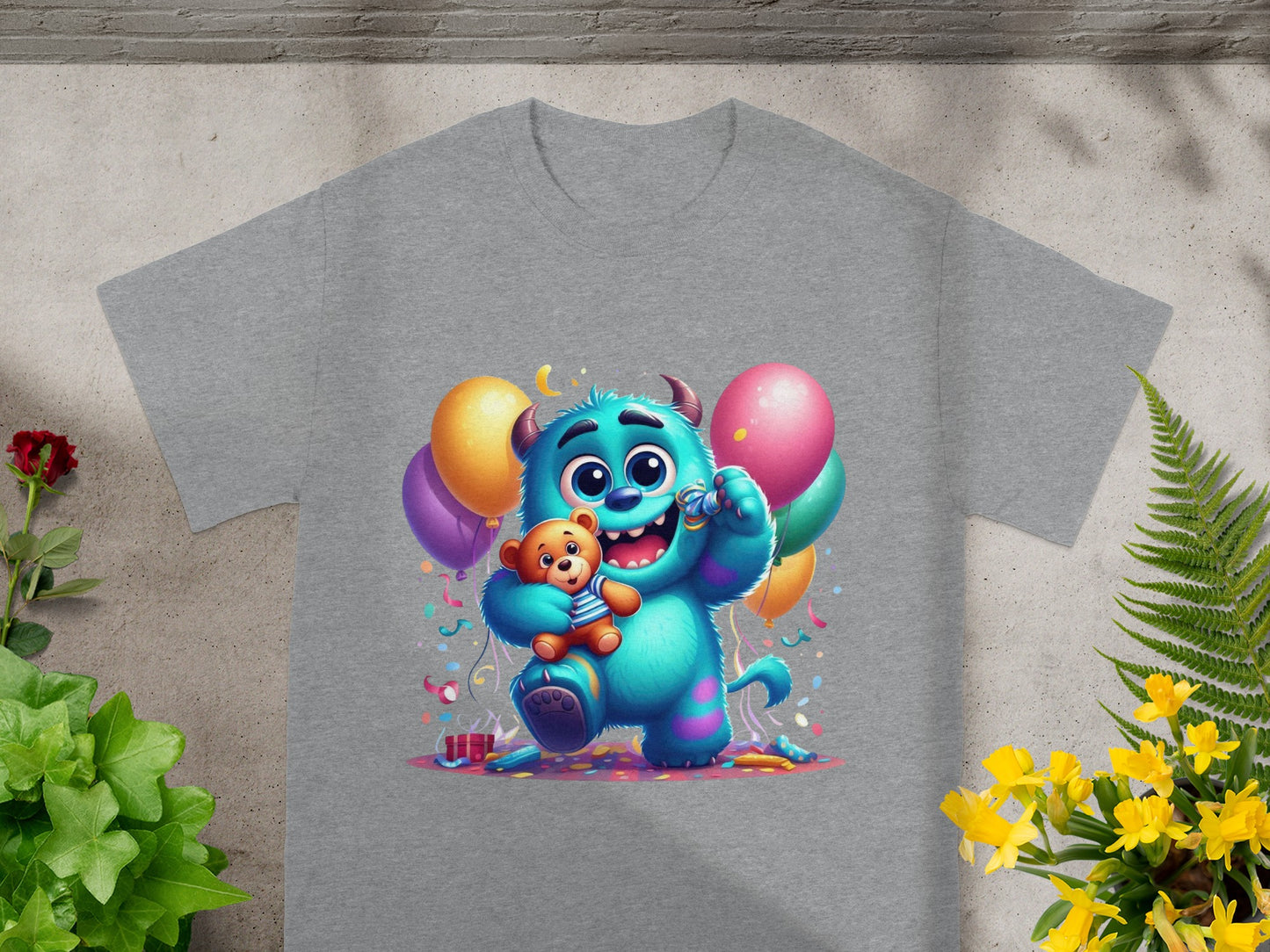 Turquoise monster holding teddy bear with colorful balloons and confetti.