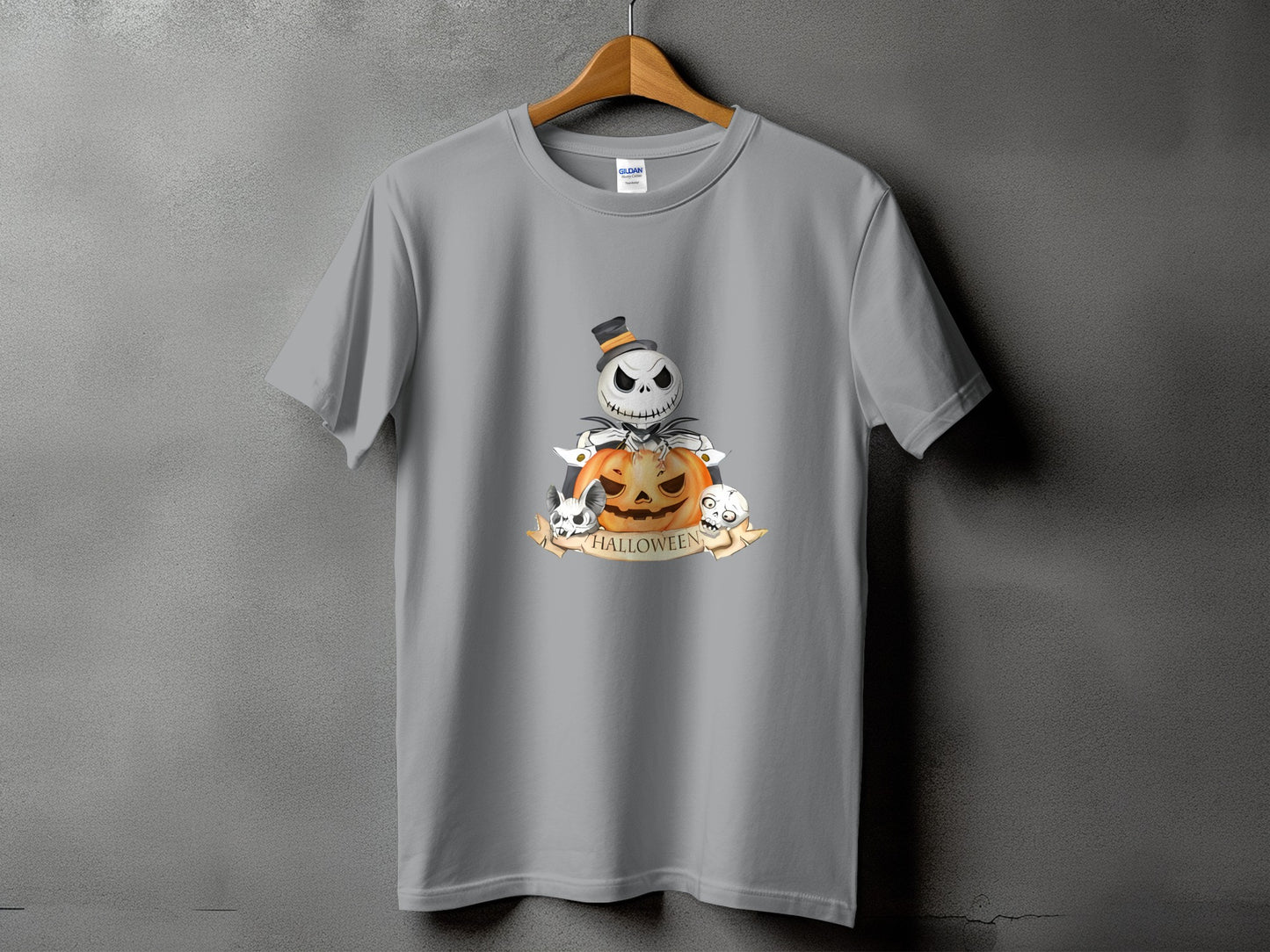 Gray t-shirt featuring a Halloween graphic with Jack Skellington and skulls.
