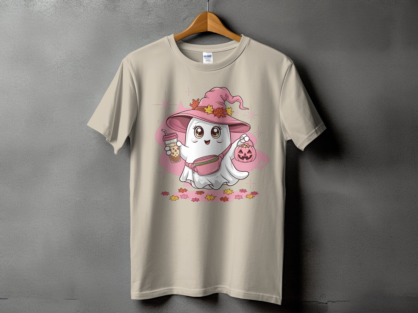 A ghost wearing a pink witch hat and fanny pack holds a drink and pumpkin.
