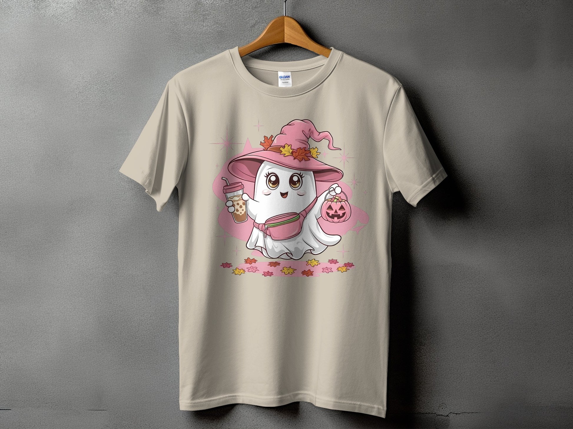 A ghost wearing a pink witch hat and fanny pack holds a drink and pumpkin.
