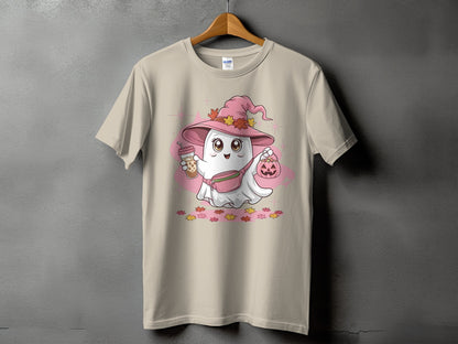 A ghost wearing a pink witch hat and fanny pack holds a drink and pumpkin.