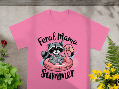 Feral Mama Summer Raccoon Pink Graphic Tee Shirt