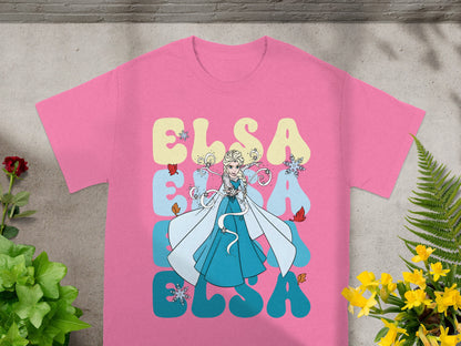 Pink t-shirt with Elsa illustration and "ELSA" text in large letters.