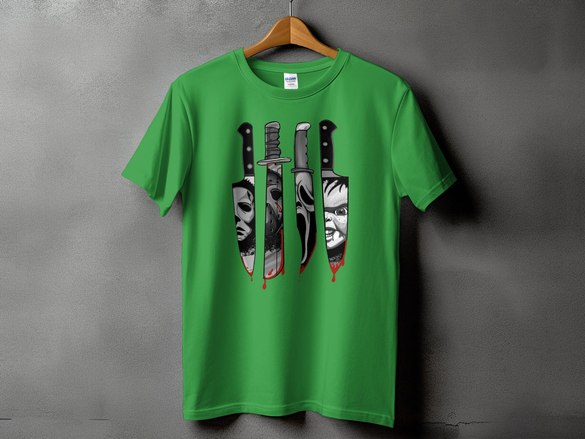Green t-shirt with four horror movie knives dripping blood.