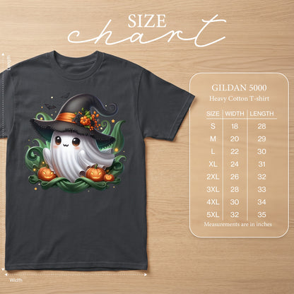 Charcoal t-shirt with a cute ghost wearing a witch hat and pumpkins, with size chart.