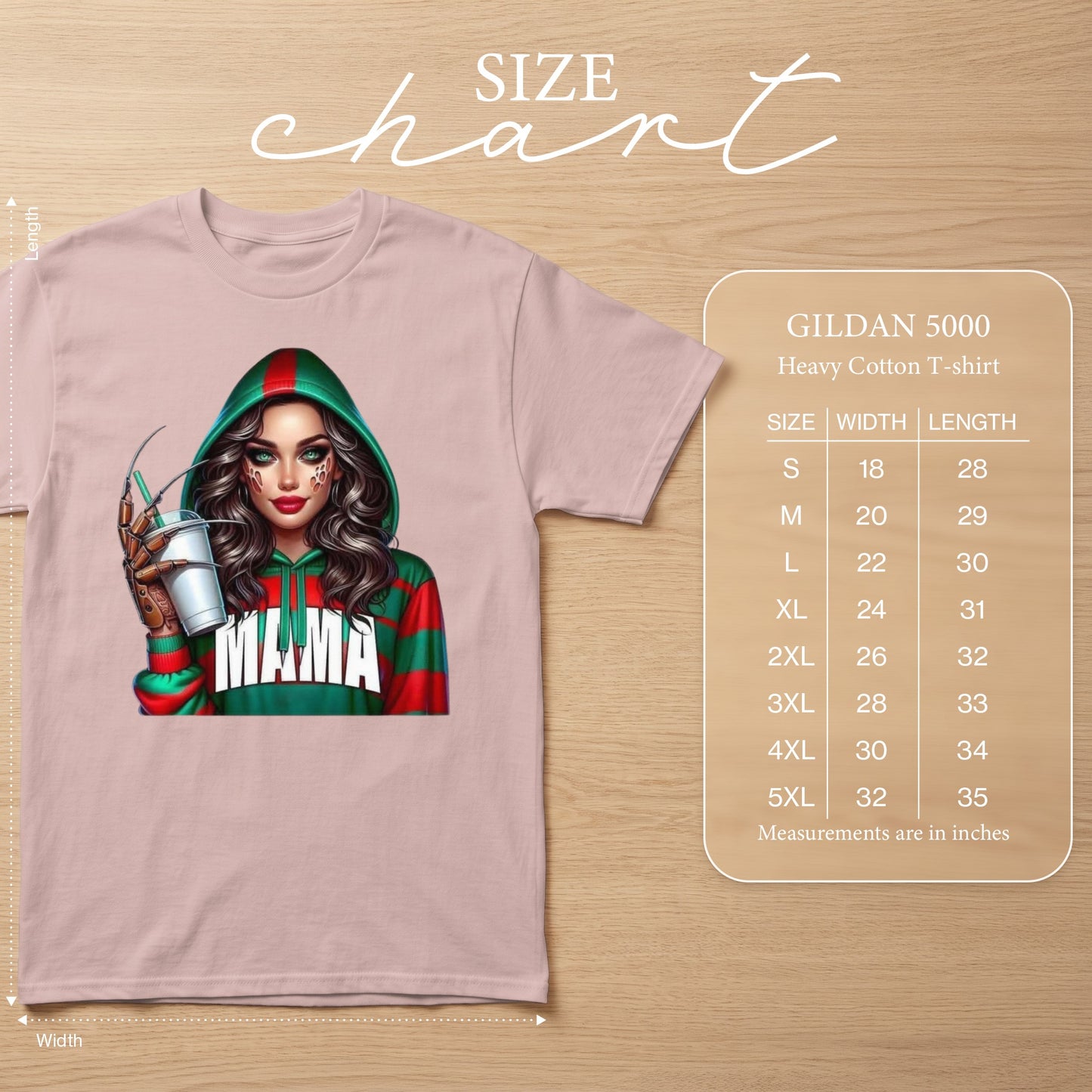 Gildan 5000 shirt with "Mama" graphic on a pink t-shirt and size chart.