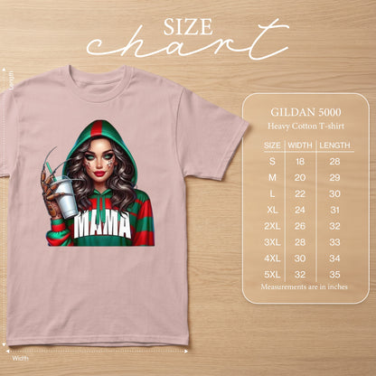 Gildan 5000 shirt with "Mama" graphic on a pink t-shirt and size chart.