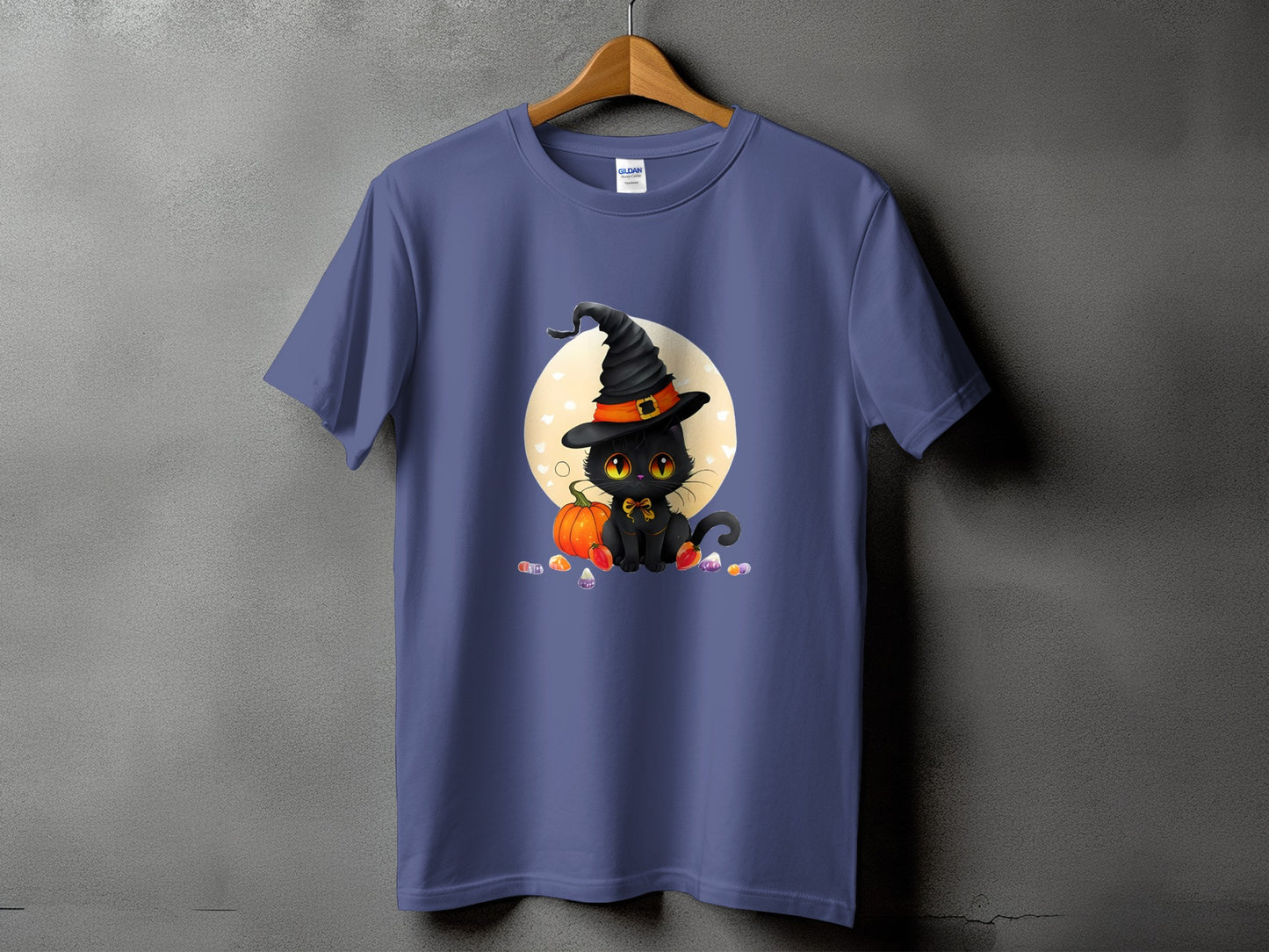 Black cat in witch hat with pumpkin and candy, against a full moon backdrop.
