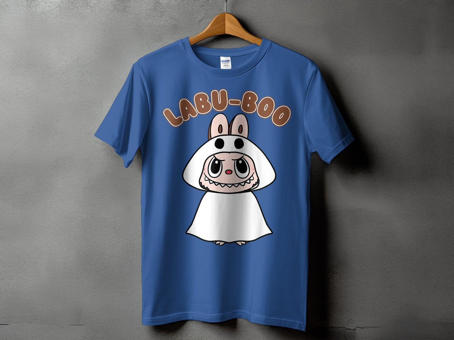 Blue t-shirt with "LABU-BOO" text and a cartoon ghost character.