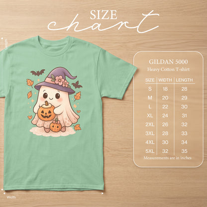 Light green Gildan 5000 t-shirt with a cute ghost holding pumpkins, bats, and leaves.