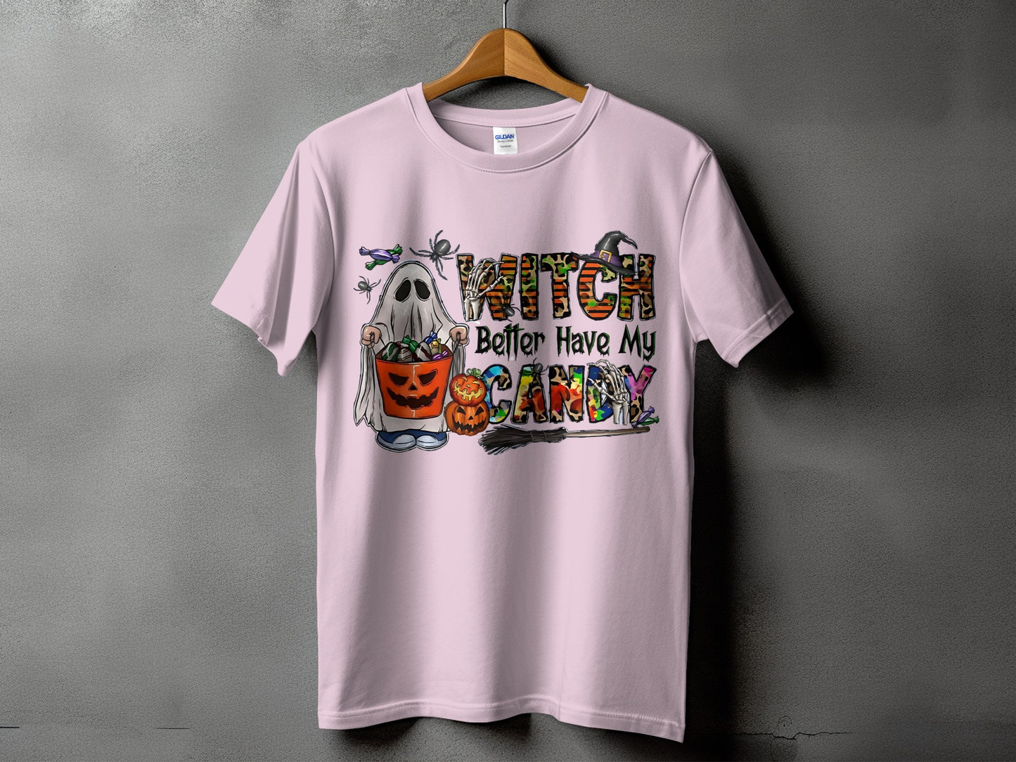 Pink t-shirt with Halloween graphic: "Witch Better Have My Candy"