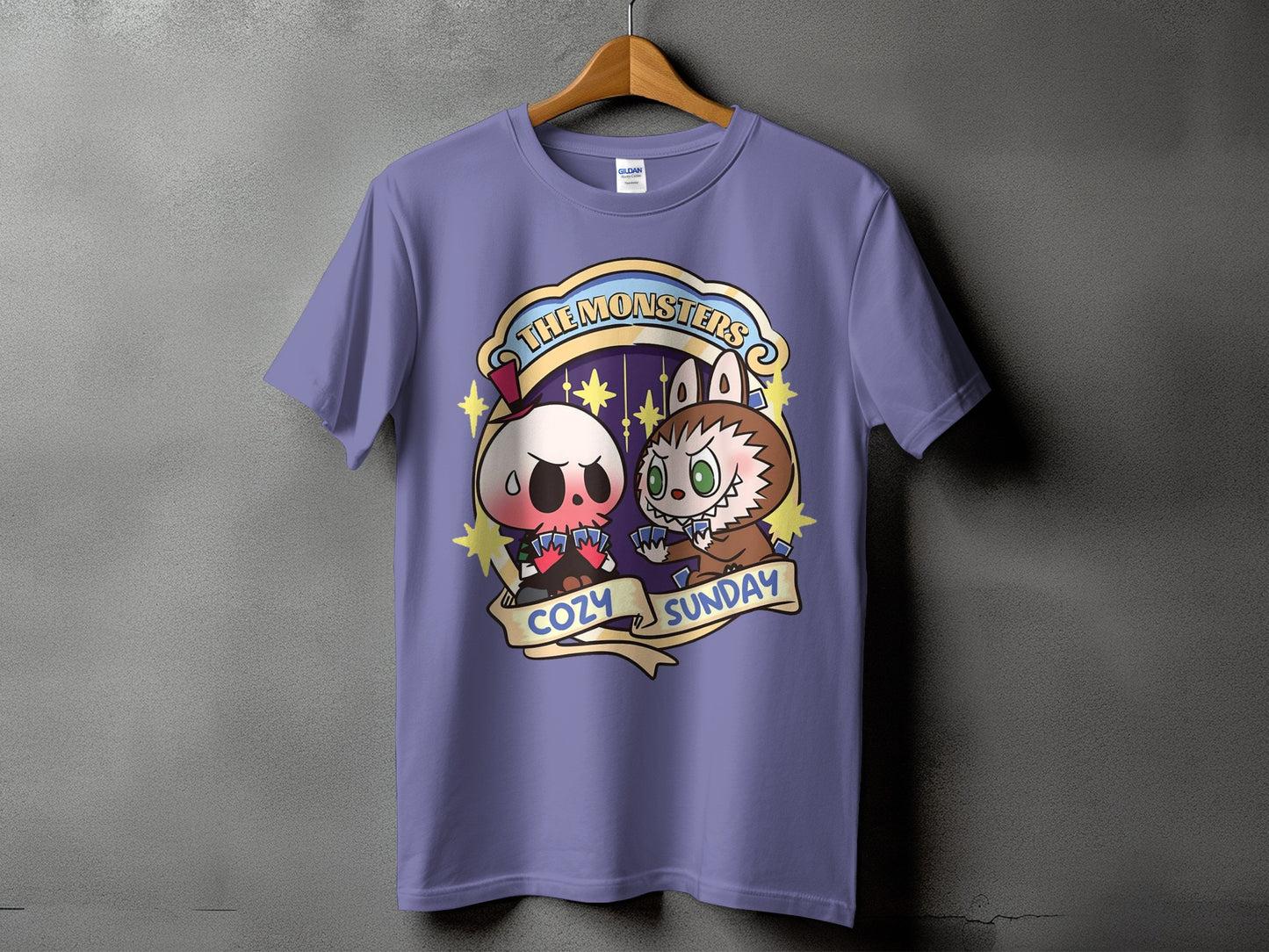 Purple t-shirt with "The Monsters Cozy Sunday" graphic featuring cartoon skull and wolf characters.