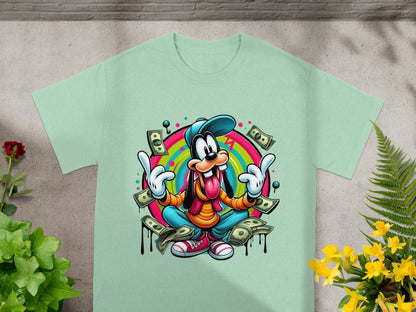 Goofy character meditating with money and rainbow backdrop on a light green t-shirt.