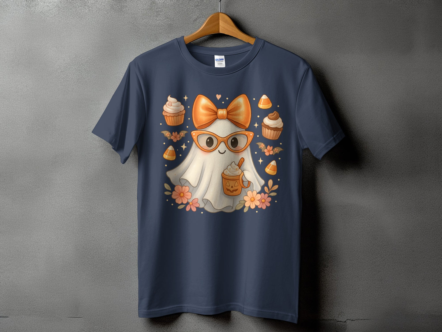 Ghost in glasses with bow, holding coffee, surrounded by cupcakes and candy corn.