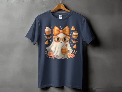 Ghost in glasses with bow, holding coffee, surrounded by cupcakes and candy corn.