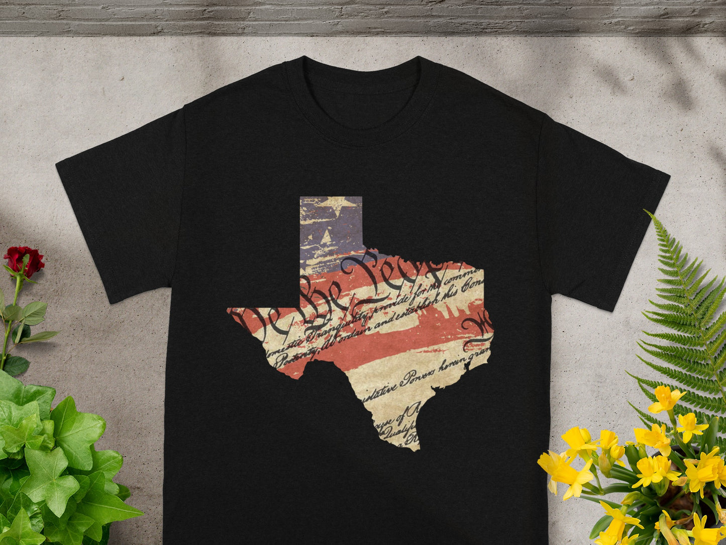 Black t-shirt with Texas shape outline featuring US Constitution text and flag colors.