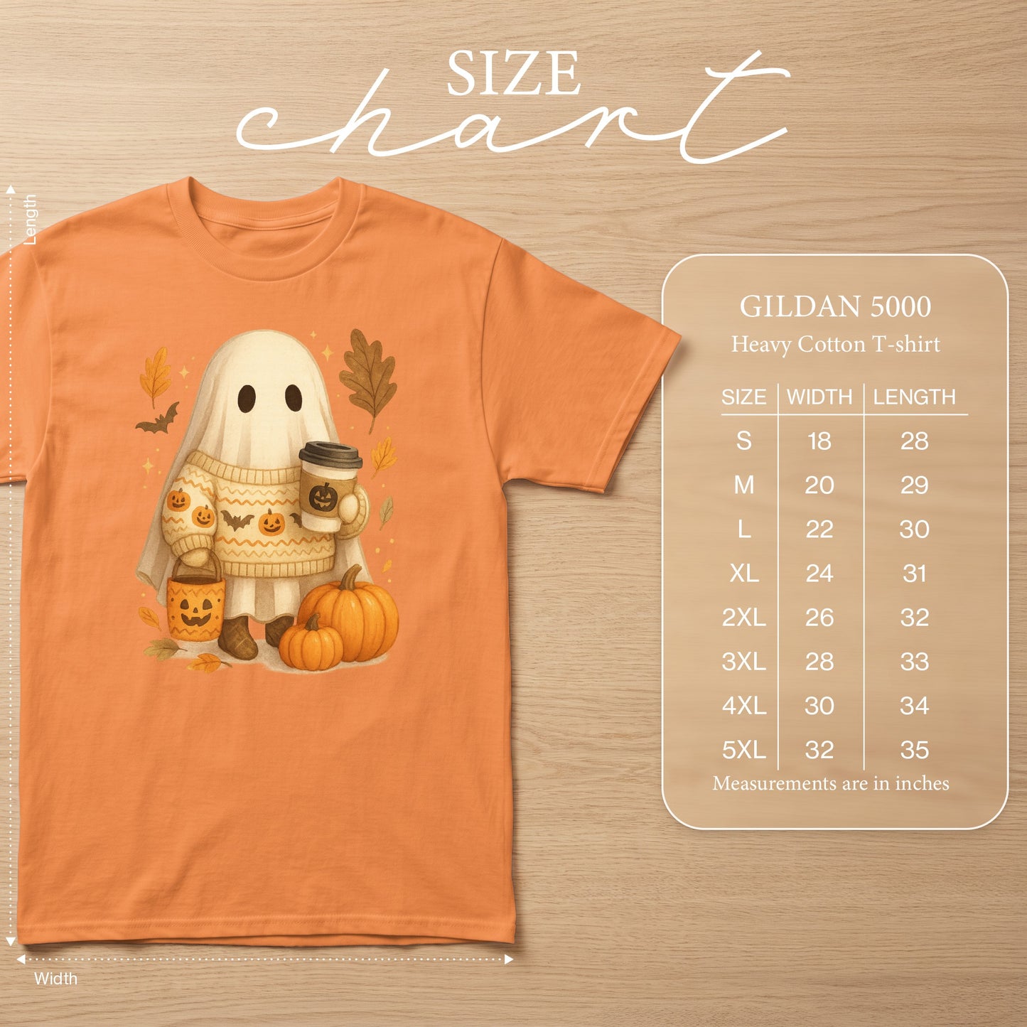 GILDAN 5000 Heavy Cotton T-shirt size chart with ghost graphic.